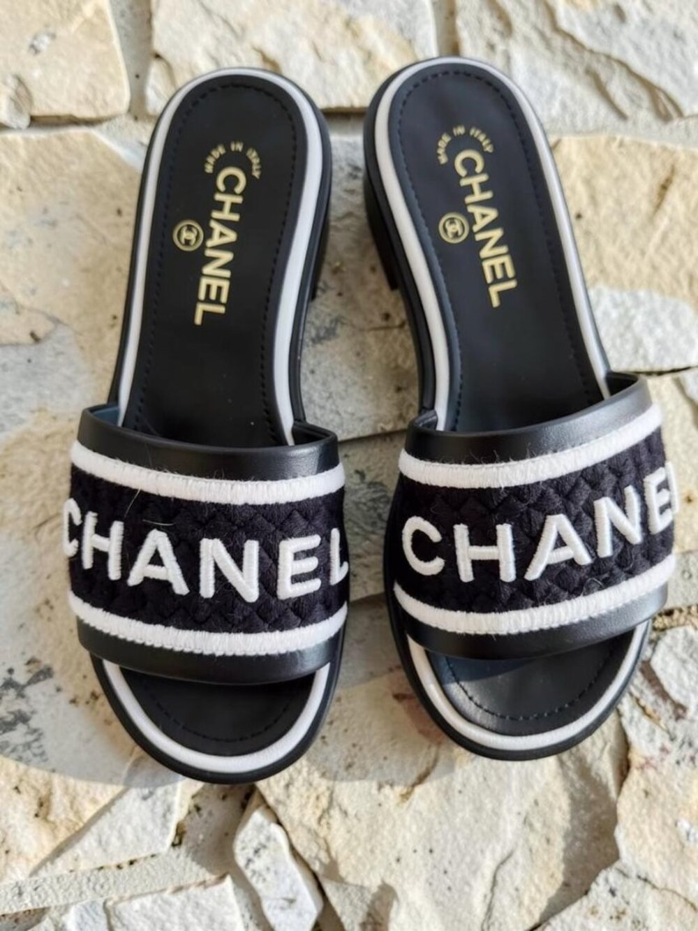 Chanel Black White Knit Letter Logo Platform Slide Sandals Mules 36